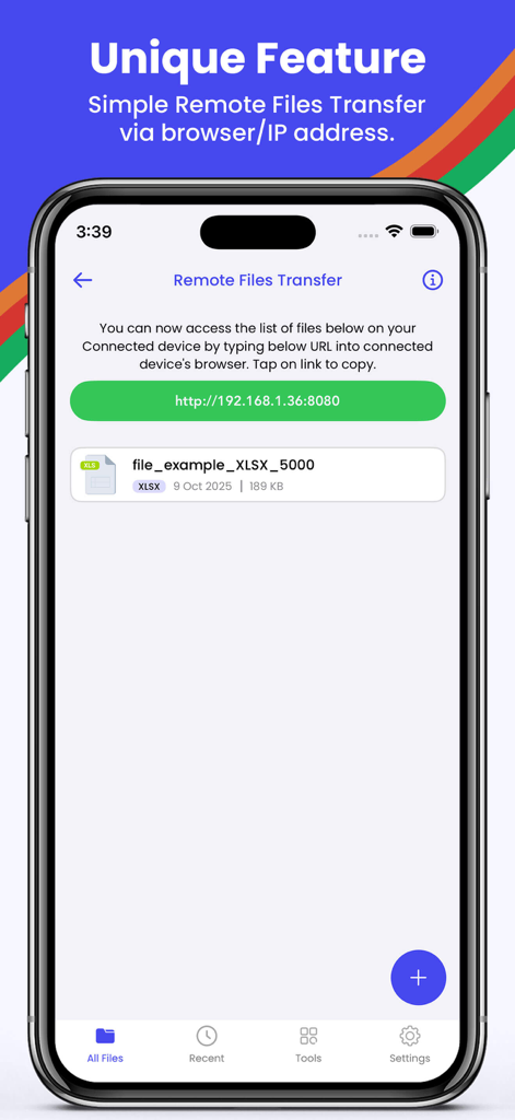 All Docs: PDF & File App - Remote file transfer interface in the All Docs app for wireless document sharing