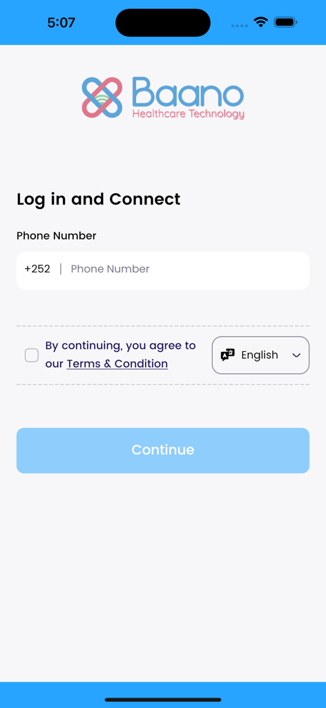 Baano - Login screen of the Baano Healthcare app showing phone number entry and language selection