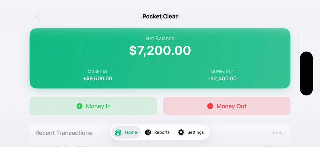 Pocket Clear - The Pocket Clear app dashboard displaying net balance and options to add income or expenses
