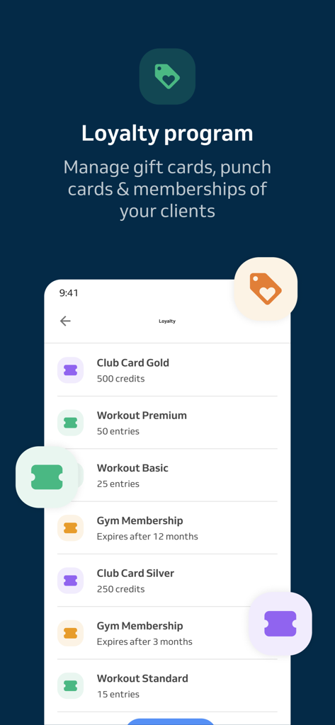 Interface de l'application Reservio Business montrant la gestion des programmes de fidélité pour les abonnements et les cartes à perforer.