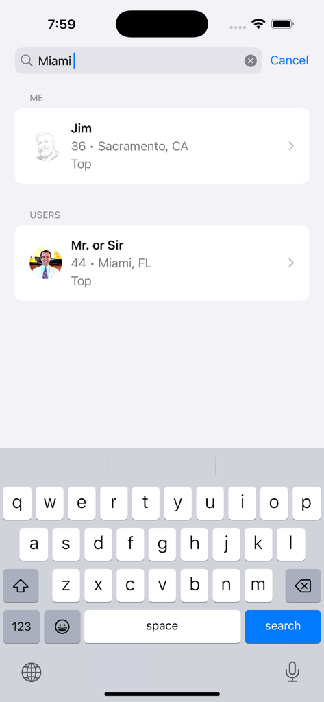 A search screen in the Gay Bear Chat app showing results for users in Miami