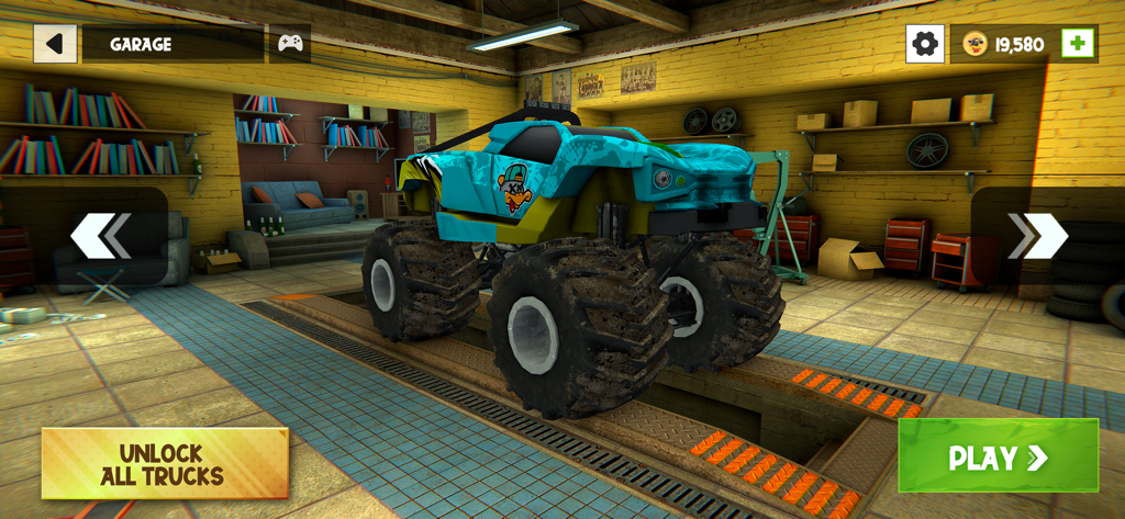 Monster Truck Offroad Race Jam - Un monster truck azul y amarillo dentro de un menú de garaje con botones de desbloquear y jugar