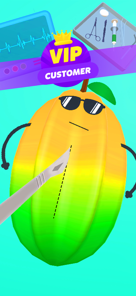 Fruit Doctor 3D: Fruit Clinic - A cartoon fruit wearing sunglasses undergoing surgery with a scalpel in the Fruit Doctor 3D game clinic.
