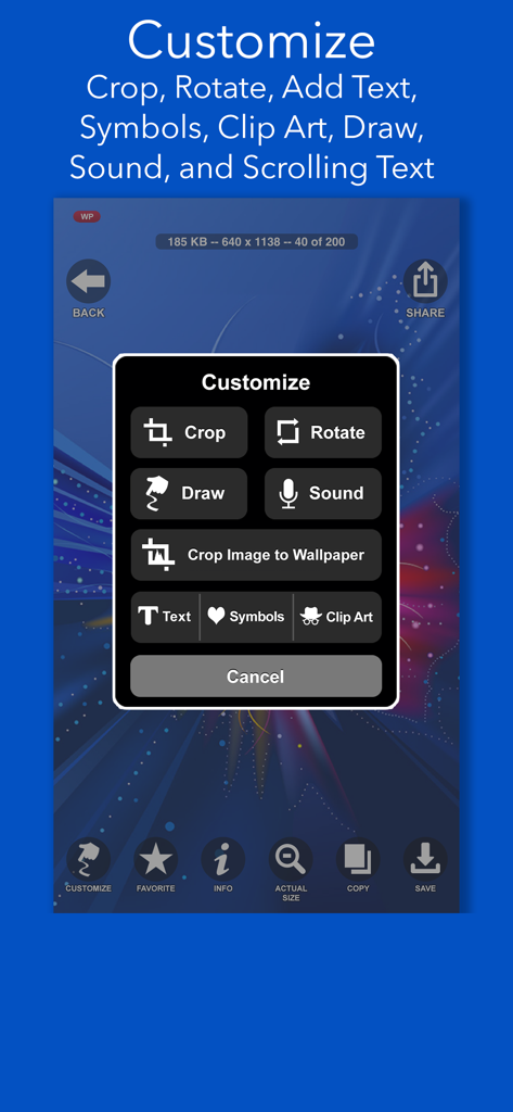 CLIPish Pro - Animations Emoji - A mobile interface for CLIPish Pro showing customization options like crop rotate draw sound and text