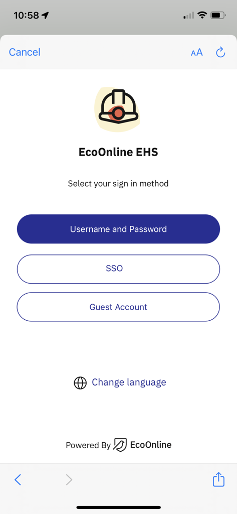 EcoOnline EHS mobile app sign in screen with username SSO and guest options