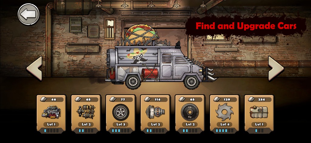 Earn to Die Rogue - Vehicle customization screen in Earn to Die Rogue showing an armored truck and upgrade parts like engines and wheels.