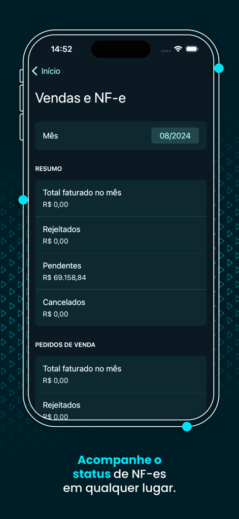 Omie - Interface do aplicativo móvel Omie mostrando um resumo das vendas e status das faturas eletrônicas
