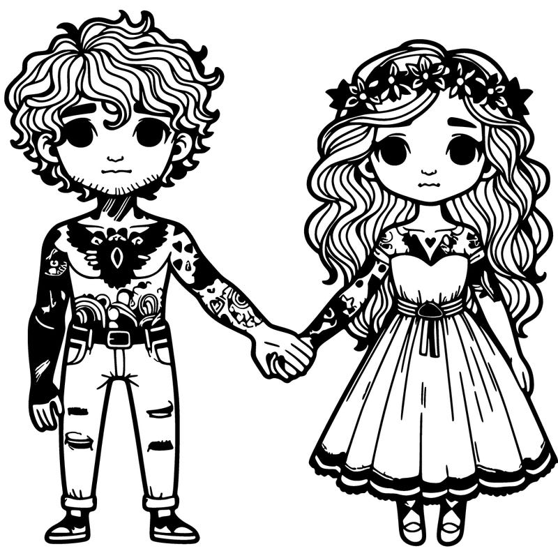 couple holding hands the guy has tattoos the girl doesn’t the guy has fluffy hair and the girl has curly hair