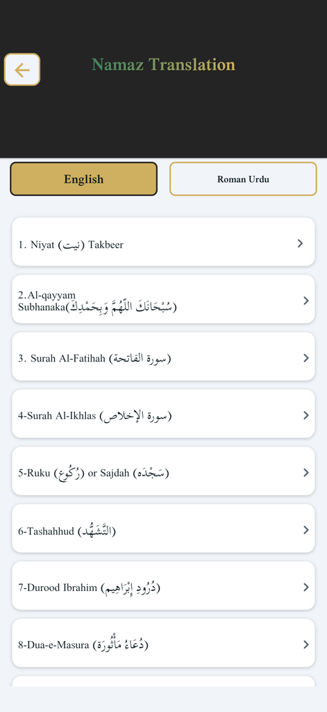 Dua Pro - Um guia de tradução de Namaz passo a passo dentro do aplicativo Dua Pro, mostrando várias etapas da oração em inglês.