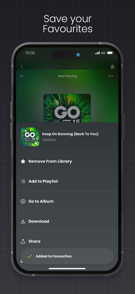 Pure Energy Music - Pure Energy Musicアプリのモバイルスクリーンショット。音楽をお気に入りに追加したりプレイリストに追加したりするオプションと、トラックがお気に入りに簡単に追加されたことを示す確認メニューを表示