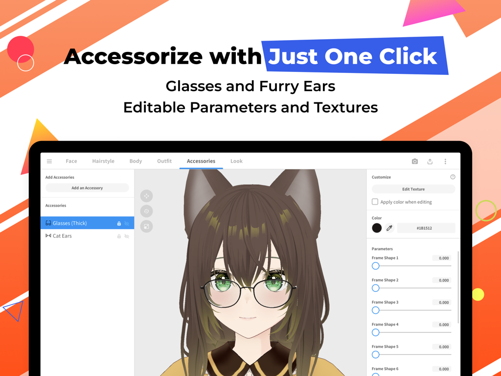 VRoid Studio - VRoid StudioのiPadインターフェース。スライダーを使用して、猫耳やメガネでアニメアバターをカスタマイズしている様子を表示