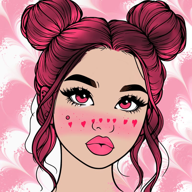 realistic girl with two buns on her hair and lips