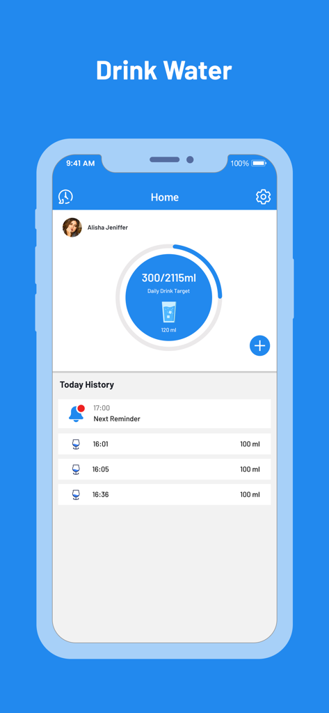 Water Tracker & Drink Reminder - Interface de aplicativo móvel mostrando o progresso diário de ingestão de água com um rastreador de meta circular e um histórico de bebidas.