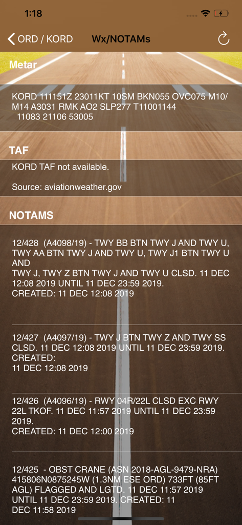 Airports Plus - Airports Plus app displaying aviation weather METAR and NOTAM safety notices for KORD airport