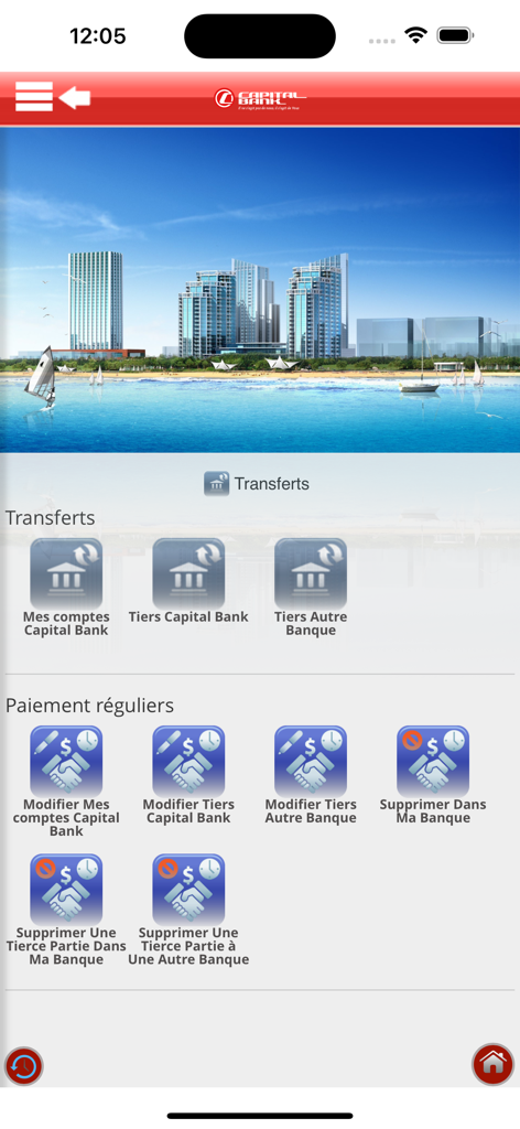 Capital Bank Mobile Banking - Pantalla de la aplicación móvil Capital Bank que muestra opciones de transferencia y pago