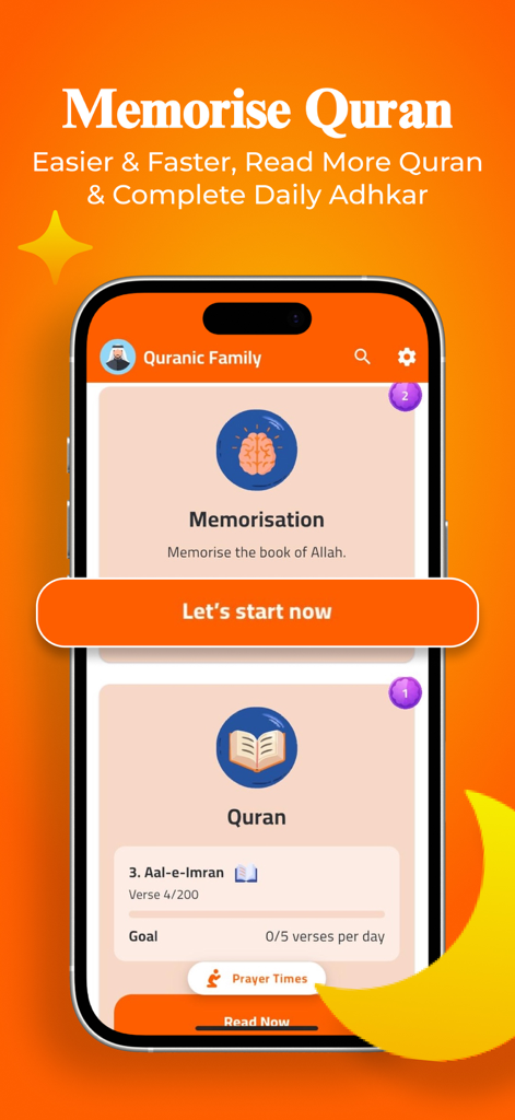 Quranic Family - Interface de l'application Famille Coranique montrant la mémorisation du Coran et les objectifs de lecture