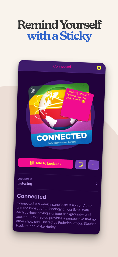 Sofa: Downtime Organizer - Sofa app screenshot showing a pink digital sticky note with a personal reminder on a podcast item