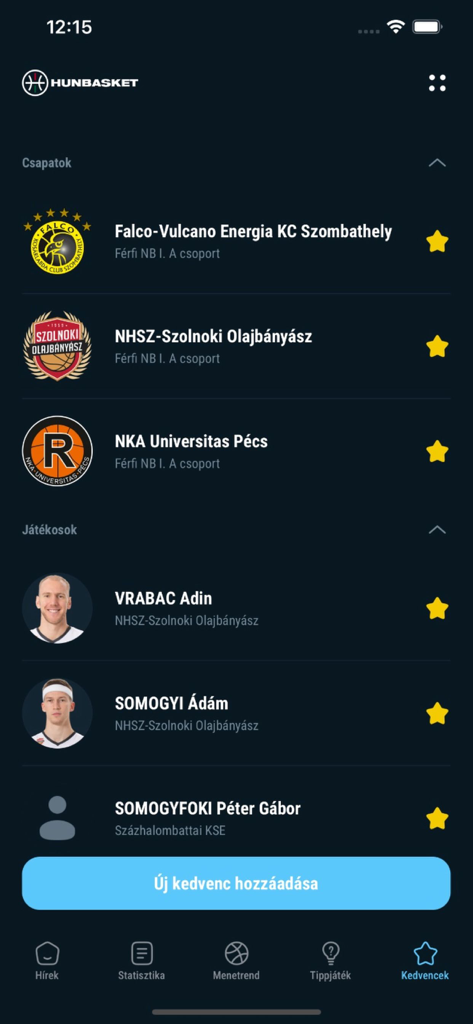 Hunbasket app favorites screen displaying lists of basketball teams and players.