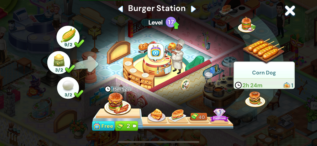A chef prepares burgers and corn dogs at a restaurant cooking station in Star Chef 2