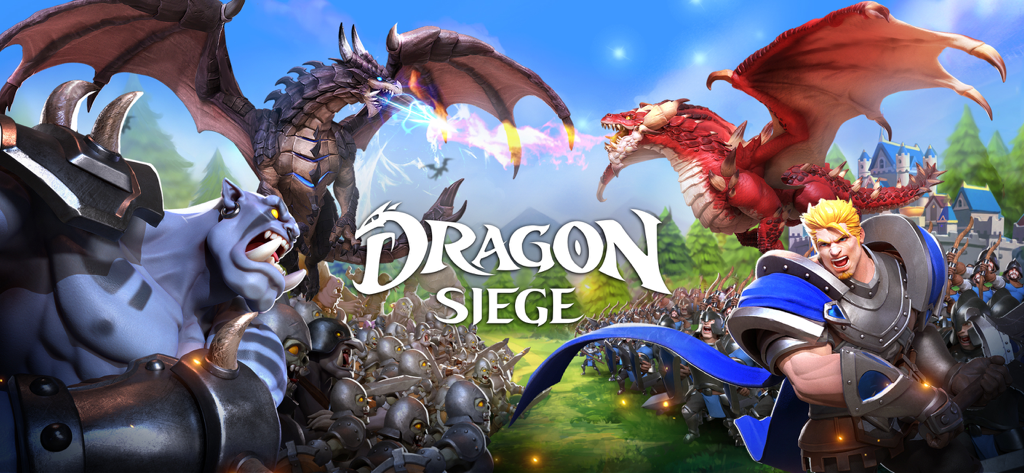 Dragon Siege: Kingdom Conquest - Épica escena de batalla de fantasía con dragones luchando sobre ejércitos humanos y de monstruos en Dragon Siege Kingdom Conquest