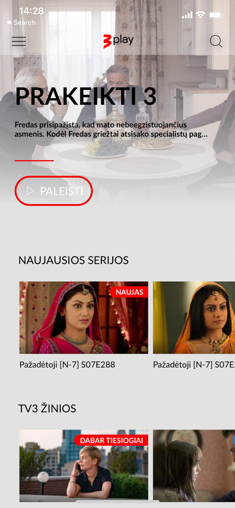 TV3 Play Lietuva - Interface of TV3 Play Lietuva app showing Lithuanian TV series and live news