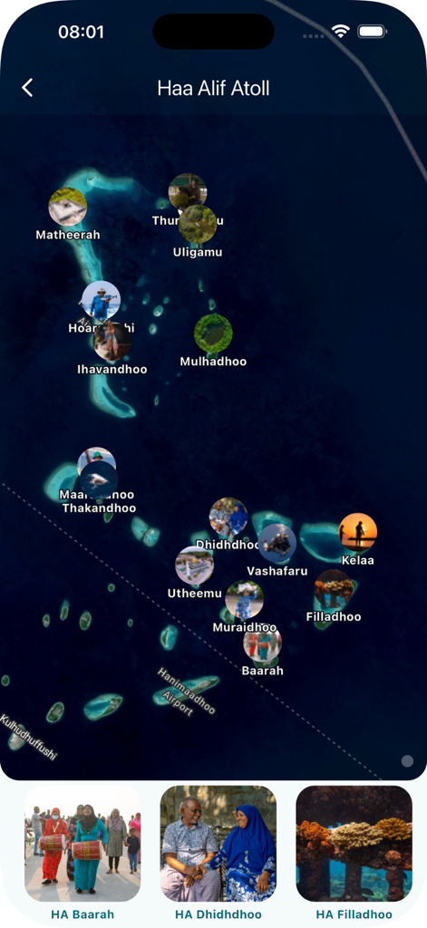 Islands App - Satellite map of Haa Alif Atoll in the Maldives showing island locations and user generated photos