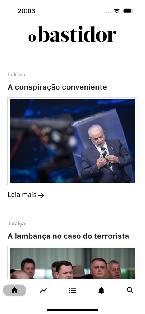 Feed do aplicativo de notícias O Bastidor com manchetes sobre política e justiça brasileira