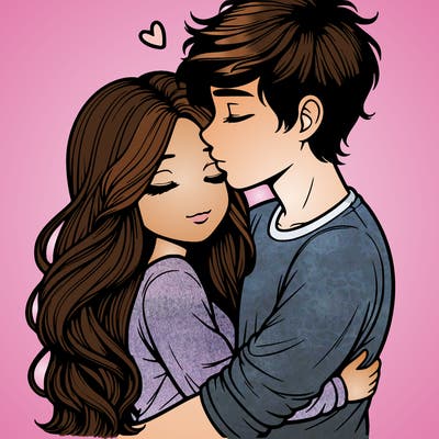 a realistic couple boy and girl hugging and kissing