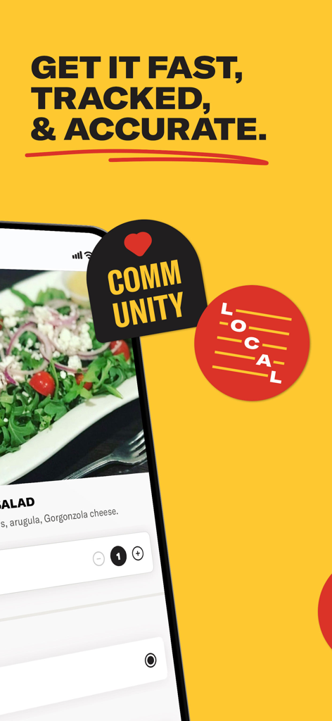 Écran marketing de l'application Slice mettant en avant la livraison de pizza locale rapide, suivie et précise avec un accent sur la communauté.