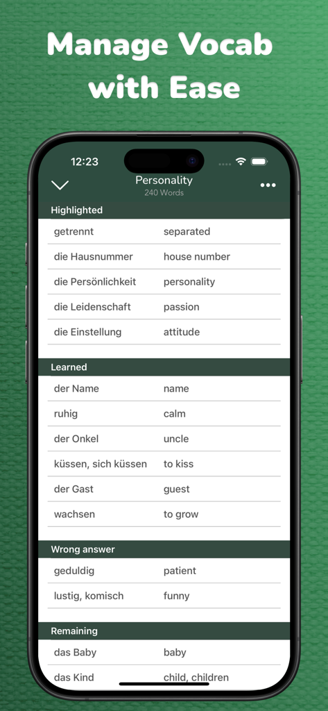 Vocabulary Flashcards: Vocabu - Vocabu app interface showing a categorized list of German vocabulary words and English translations