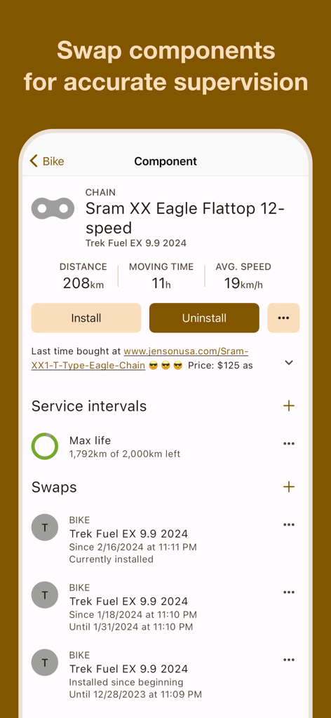 ProBikeGarage: Bicycle tracker - ProBikeGarage app screen showing maintenance tracking and installation history for a bicycle chain component.