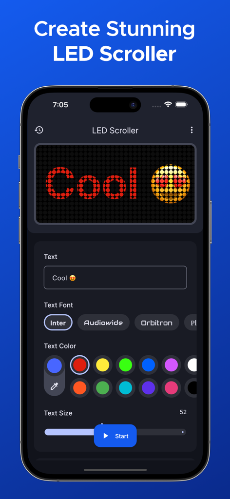 Interfaz de la aplicación móvil LED Scroller mostrando opciones de personalización de fuente, color y tamaño de texto en un cartel digital