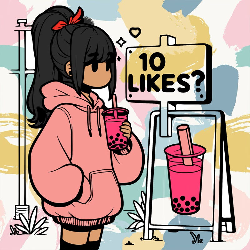 girl with oversized hoodie drinking boba and she has a high ponytail with a sign that says 10likes?