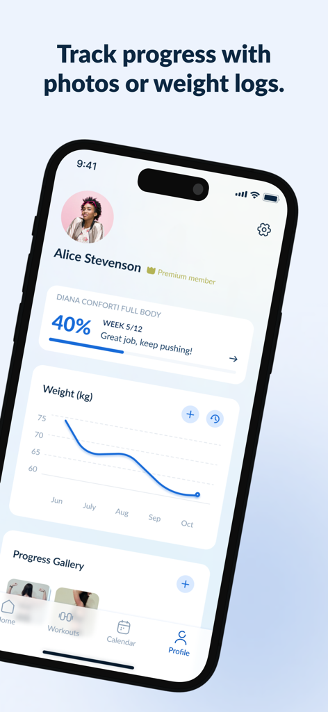 El panel de control de seguimiento del progreso de la aplicación de fitness Plan Over Mood que muestra un gráfico de registro de peso, progreso del entrenamiento y una galería de fotos