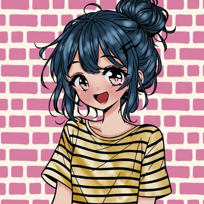 anime girl teenager striped shirt and smile and messy bun
