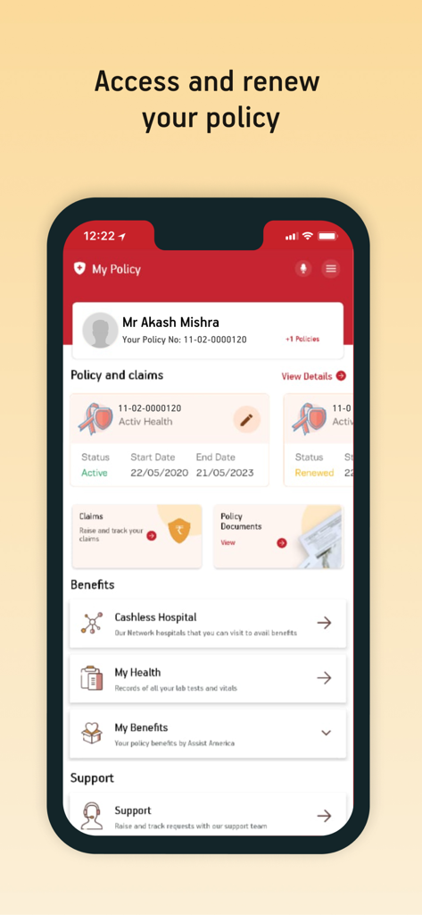 Screenshot of the Activ Health app showing insurance policy details and claims management