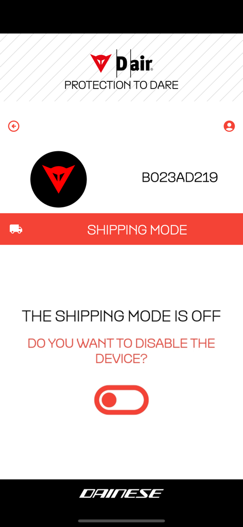 Dainese D-air ® - Dainese D-air App Benutzeroberfläche, die die Einstellungen für den Versandmodus des Airbag-Schutzgeräts anzeigt.
