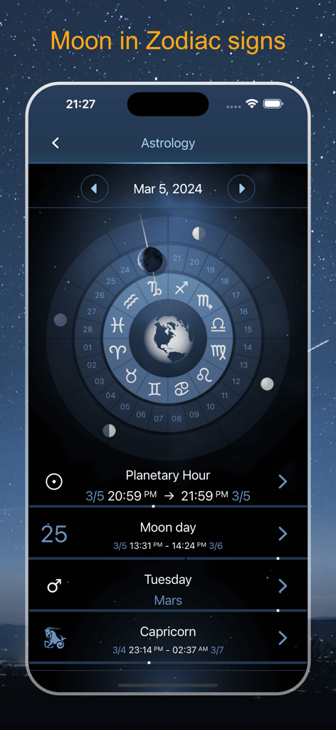 Deluxe Moon Pro • App & Widget - Deluxe Moon Pro app interface showing moon position in zodiac signs and planetary hours