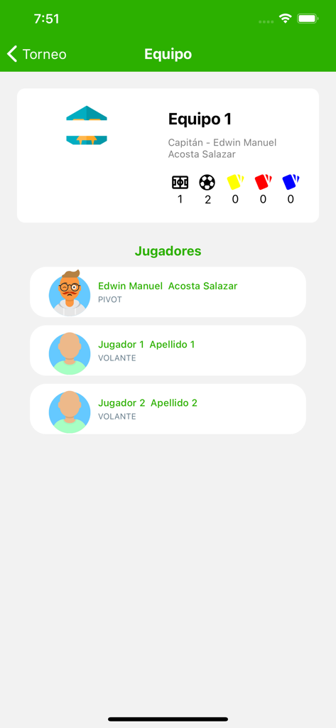 Écran de la liste des équipes et des statistiques des joueurs dans l'application Torneos NLS