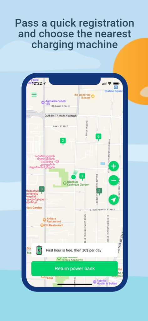Charge and Go 보조 배터리 대여 앱의 충전 스테이션 위치를 보여주는 지도 보기
