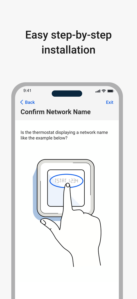 First Alert by Resideo - A mobile app screen showing a step by step installation guide for a smart thermostat