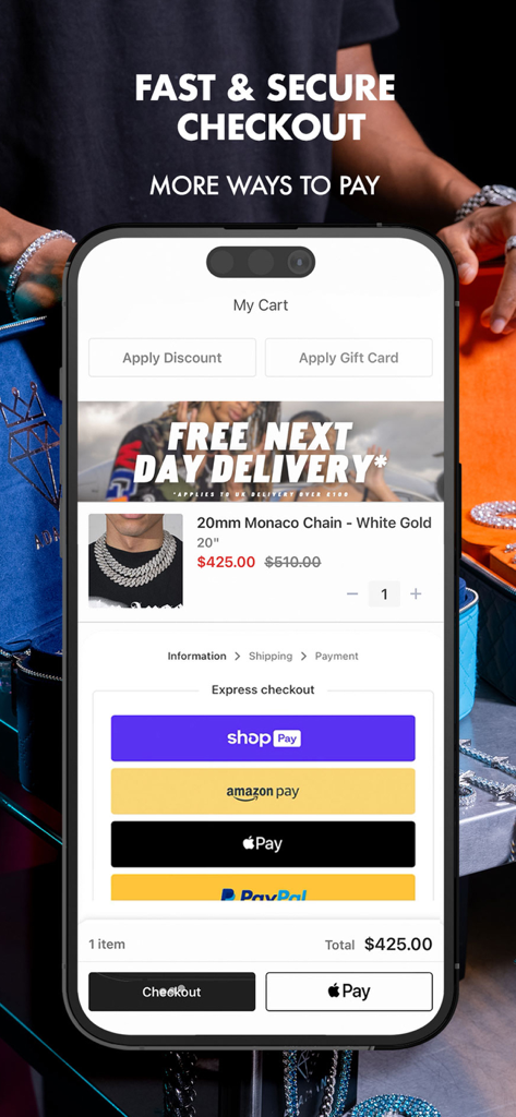 Tela do carrinho de compras do aplicativo móvel Adamans exibindo uma corrente Monaco de ouro branco e várias opções de checkout expresso, incluindo Apple Pay e PayPal.