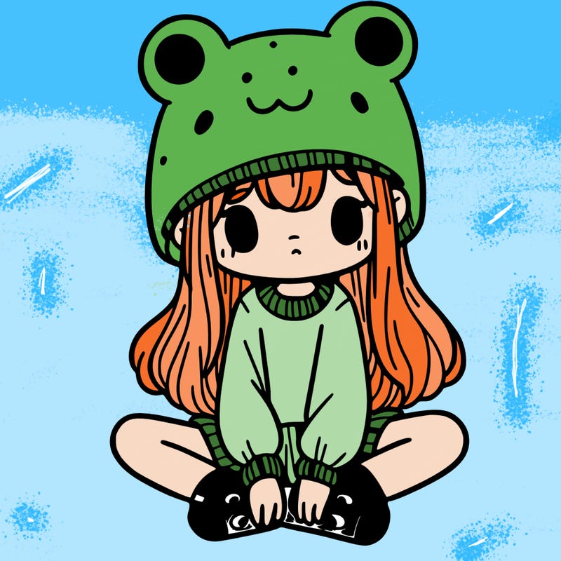 a girl wearing a frog hat and some frog socks