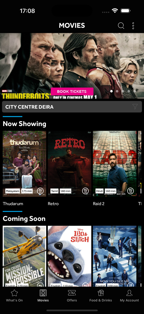 A mobile interface of the VOX Cinemas app displaying movie posters for current and upcoming films under Now Showing and Coming Soon sections