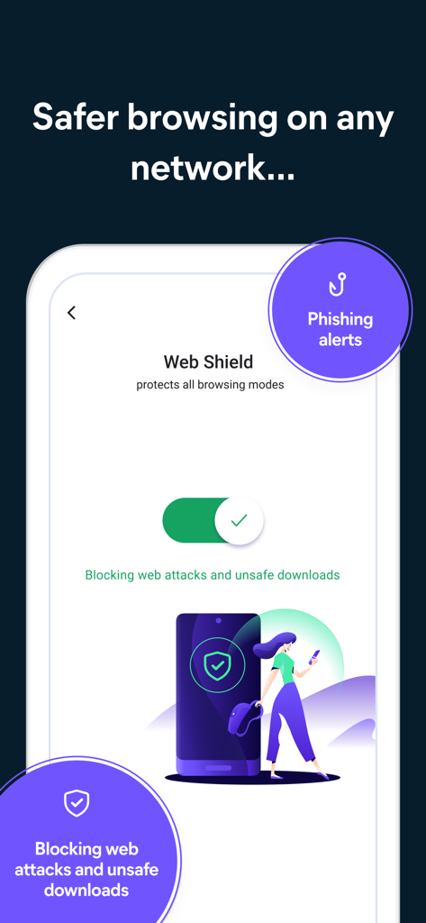 Interfaz de Avast Secure Browser Web Shield mostrando alertas de phishing y protección contra ataques web