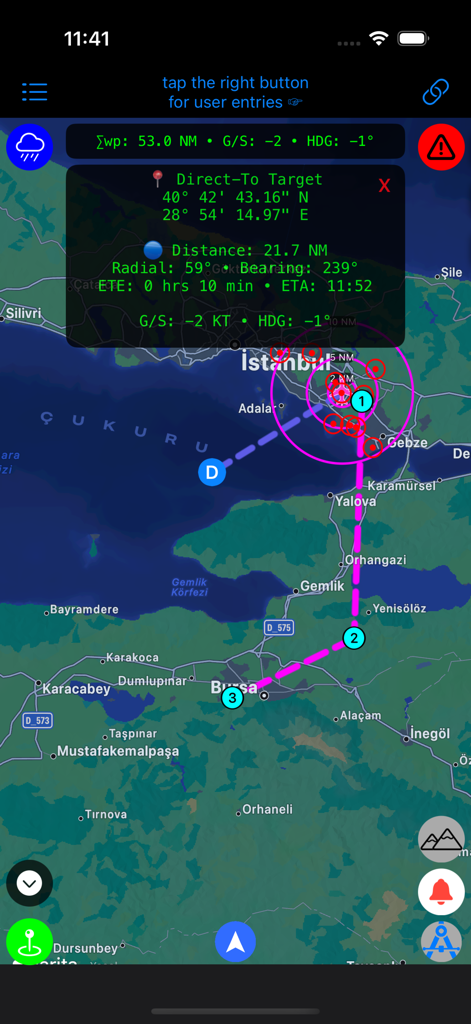 Link-H - Aviation navigation interface of the Link-H app displaying a flight path and real-time telemetry over a map