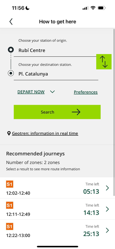 Interfaz de la app de FGC que muestra opciones de ruta de tren entre Rubí Centre y Pl. Catalunya con horarios de llegada