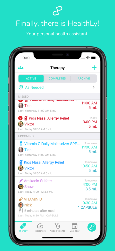 HealthLy: Therapy & Health - HealthLy app therapy interface displaying active medication schedules and reminders for multiple family profiles.