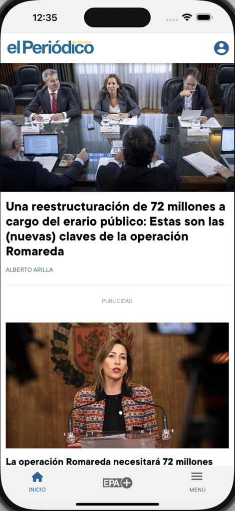 el Periodico de Aragón - Interfaz de la app móvil el Periódico de Aragón mostrando titulares de noticias locales e imágenes