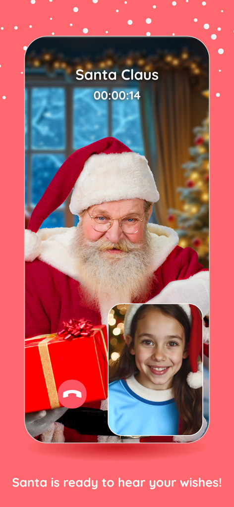 Speak to Santa Claus - Message - A simulated video call between Santa Claus holding a gift and a young girl smiling